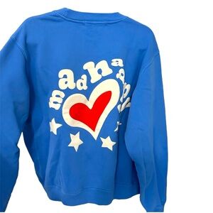 MADHAPPY 💥RARE💥 Blue Red White Heartfelt Crew Sweatshirt Puff Paint Boho Heart